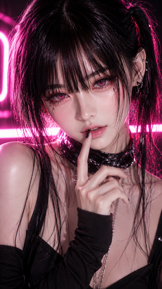 Woman with black hair and pink eyes in neon lighting with a choker