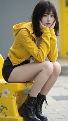 Woman in a yellow hoodie and black shorts sitting outdoors