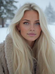Woman with long blonde hair and blue eyes wearing a fur coat outdoors in winter