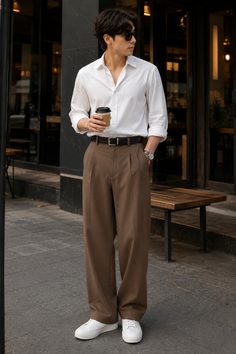 Man in a white shirt and brown pants holding a coffee cup on a street