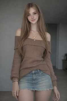 Woman with long hair and freckles wearing an off-shoulder sweater and denim skirt