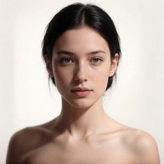 Realistic portrait of a young woman with dark hair and green eyes