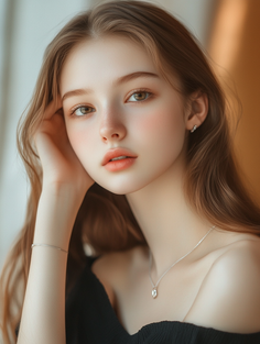 Woman with long hair and an off-shoulder top, wearing jewelry
