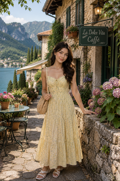 Woman in a yellow dress standing on a stone path in a scenic outdoor cafe