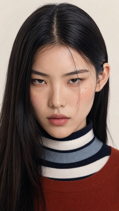 Woman with long black hair wearing a striped turtleneck and rust-colored sweater