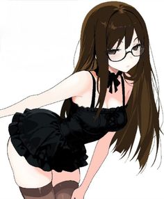 Anime girl with long brown hair and glasses in a black dress and thigh-high socks