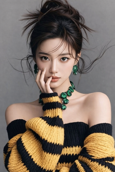 Woman in a black and yellow striped off-shoulder sweater with green jewelry