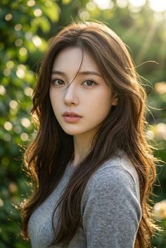 Woman with long brown hair in a grey sweater outdoors with soft backlight