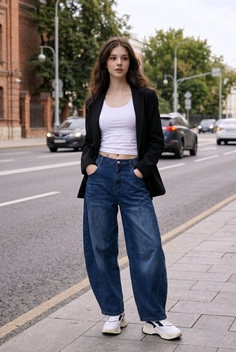 Woman in a black blazer and wide leg jeans standing on a city street