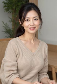 Woman with a ponytail wearing a v-neck sweater and gold necklace indoors