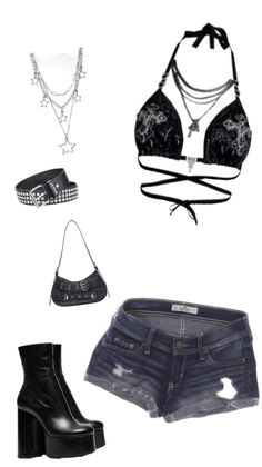 Collection of clothing and accessories including a halter top, denim shorts, and platform boots