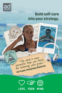Collage featuring a swimmer and inspirational text about self-care