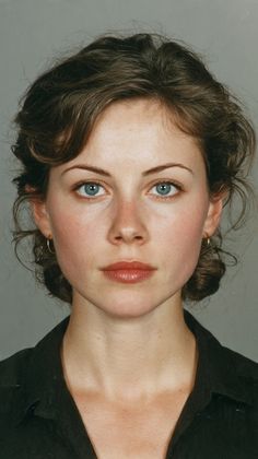 Woman with blue eyes and brown hair wearing a black shirt and gold hoop earrings