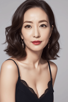 Woman with short dark hair and red lipstick wearing a black lace-trim top
