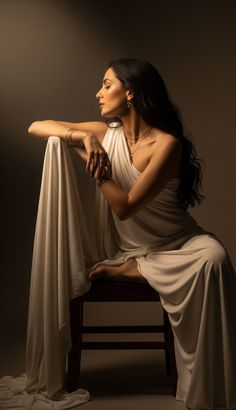 Woman with long dark hair in a white dress sitting on a chair with dramatic lighting