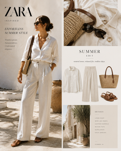 Woman in a linen shirt and wide leg pants with a woven tote bag outdoors