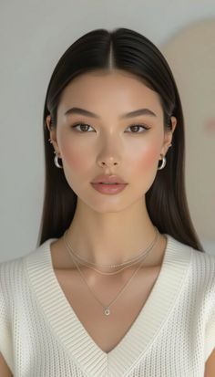 Woman with long dark hair wearing a white sweater and silver jewelry