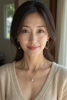 Woman with long dark hair wearing a v-neck sweater and jewelry, smiling indoors