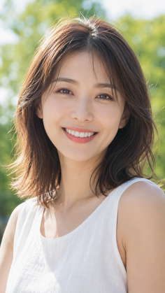Smiling woman with short hair in a white top outdoors