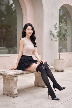 Woman with long black hair wearing a ruffle skirt and thigh-high stockings