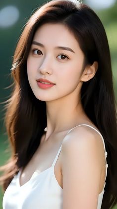 Woman with long dark hair wearing a white top outdoors with soft lighting