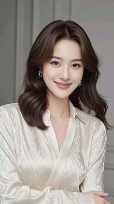 Woman with long wavy hair wearing a white collared shirt and earrings