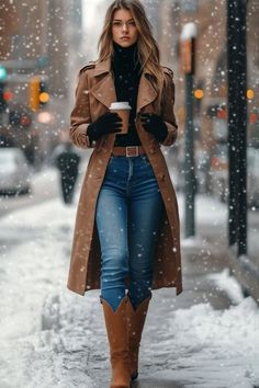Woman in a brown trench coat and jeans walking in the snow with a coffee cup