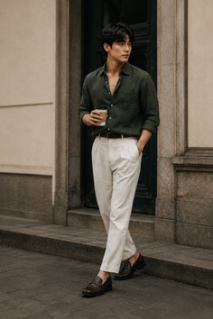 Man in a dark green shirt and white pants holding a coffee cup on a street