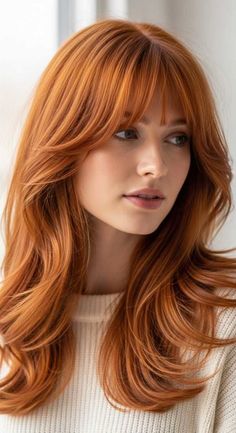 Woman with long red wavy hair and bangs wearing a white sweater