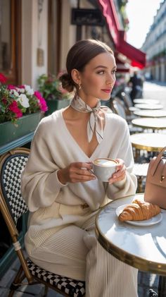 Woman in a white sweater and neck scarf at an outdoor cafe with coffee and a croissant