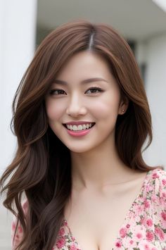 Smiling woman with long brown hair wearing a pink floral dress