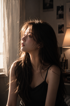 Woman with long hair in a black camisole looking out a window with golden hour light