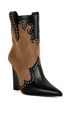 Black leather and brown suede cowboy ankle boots with gold studs and a wedge heel