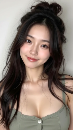 Woman with long dark hair and a messy bun wearing a green top