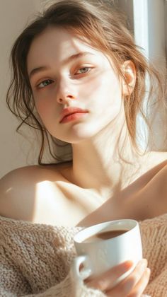 Woman in a knitted sweater holding a cup, with soft lighting on her face and shoulders