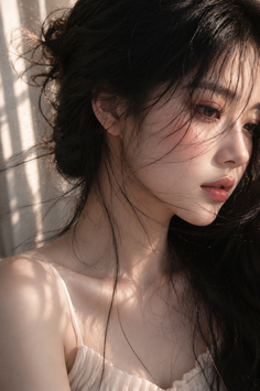 Woman with long dark hair in soft lighting with shadows on her skin