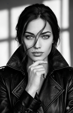 Woman in a leather jacket with dark hair and hand on chin in black and white