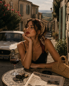 Woman with a head scarf and red lipstick at an outdoor cafe in an old town