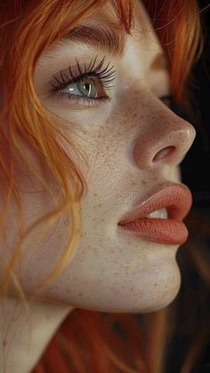 Close up profile of a woman with red hair, freckles, and green eyes