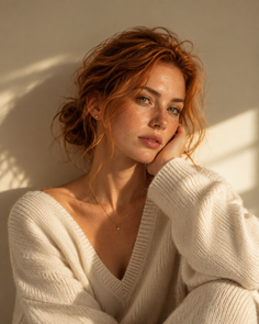 Woman with red hair and freckles wearing a v-neck sweater in soft golden hour light