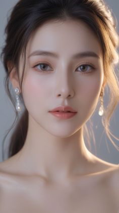 Close-up portrait of a woman with long hair and pearl earrings
