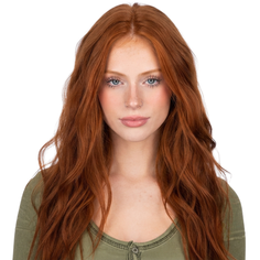 Woman with long red hair and blue eyes wearing a green shirt