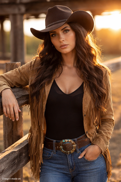 Woman in a cowboy hat and fringe jacket leaning on a fence at golden hour