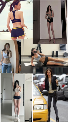 Collage of women in various settings, some in sportswear, some in casual outfits