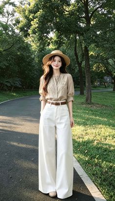 Woman in a straw hat and embroidered shirt standing on a path in a park