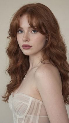 Woman with long red hair and blue eyes wearing a strapless top and silver necklace
