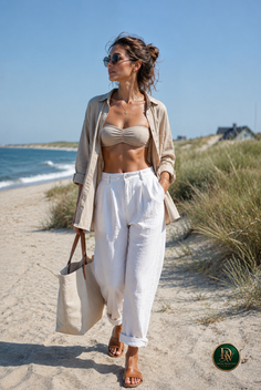 Woman in a bikini top and linen pants walking on a sandy path near the beach