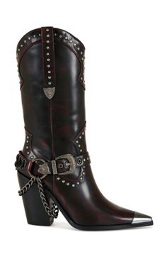 Dark red leather cowboy boot with silver studs, buckle, and chain details