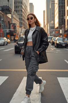 Woman in cargo pants and a leather jacket walking on a city street at golden hour