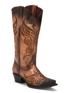 Single brown metallic cowboy boot with intricate embroidery and studded details